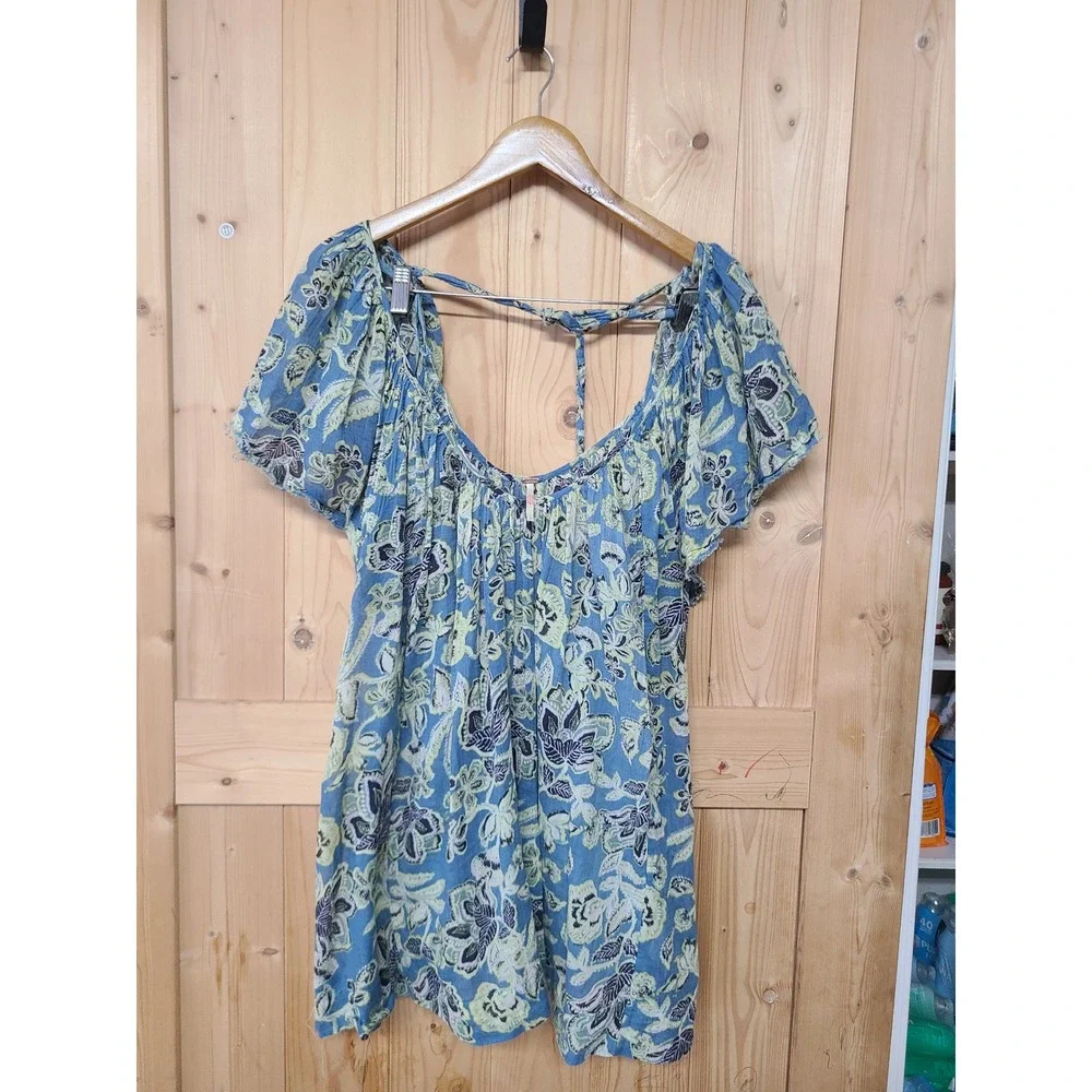 Free People Tunic Top /dress Womens S Blue Floral Short Sleeve Boho Pockets